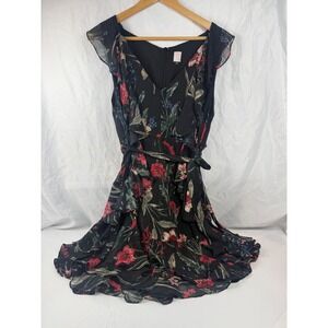 Musette Black Floral Metallic Ruffle Tiered Mini Dress V-Neck Sleeveless Sz M